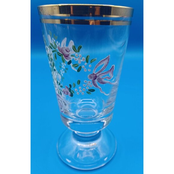 2 Antique Moser Enameled Pedestal Glasses Gold Rim Purple Floral Swags Design - Picture 12 of 16